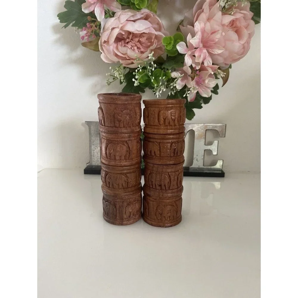 Vintage Elephant Retro Boho Hand Carved Wood Napkin Rings Holders India Set Of 8
